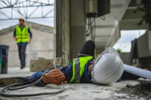 A worker lying injured after falling at work on a construction site.