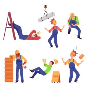 A series of cartoon images depicting accidents that could cause a serious injury at work.
